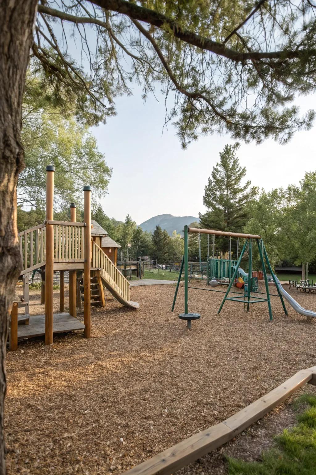 Wood ground cover provides a natural and secure playground surface.