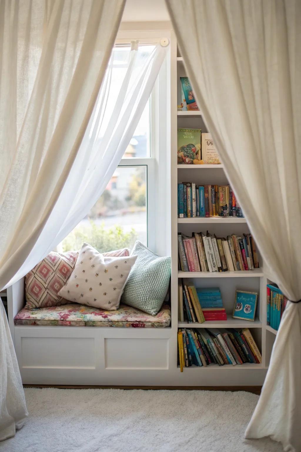 Curtains make a snug reading corner by the window.