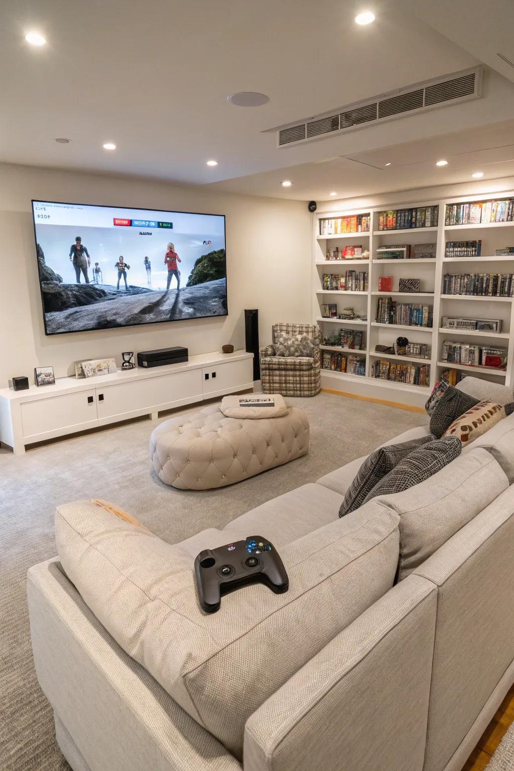 A playroom furnished with a wide-screen display, providing the ultimate experience for movies and gaming.