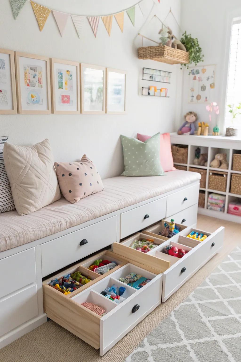 A storage bench in a playroom that neatly hides toys.