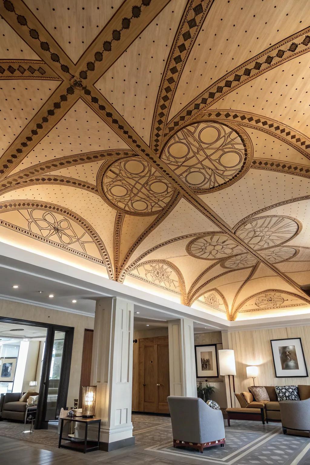 A ceiling showcasing distinct plywood designs that grab the eye.