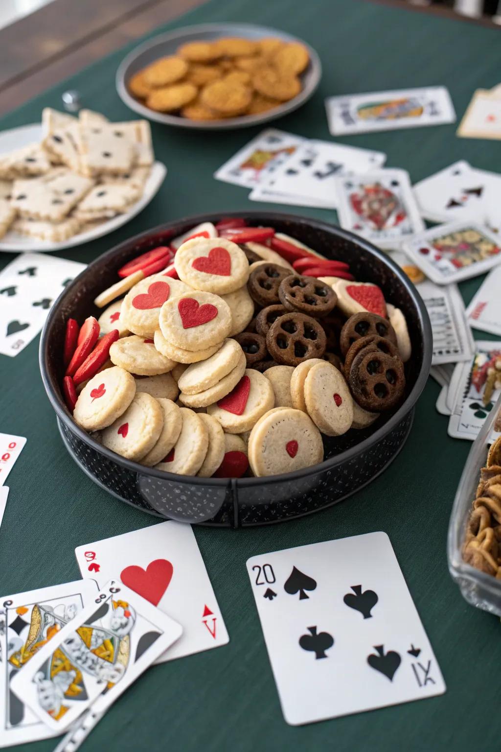 Enjoy snacks in style with poker-themed treats.