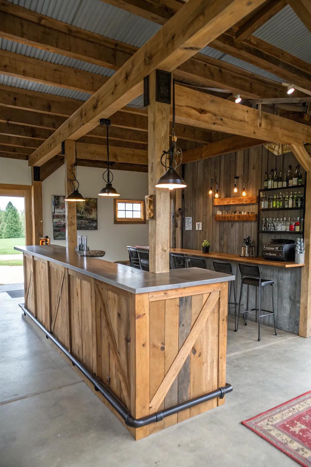 A rustic bar in a pole barn combining reclaimed wood and modern accents.