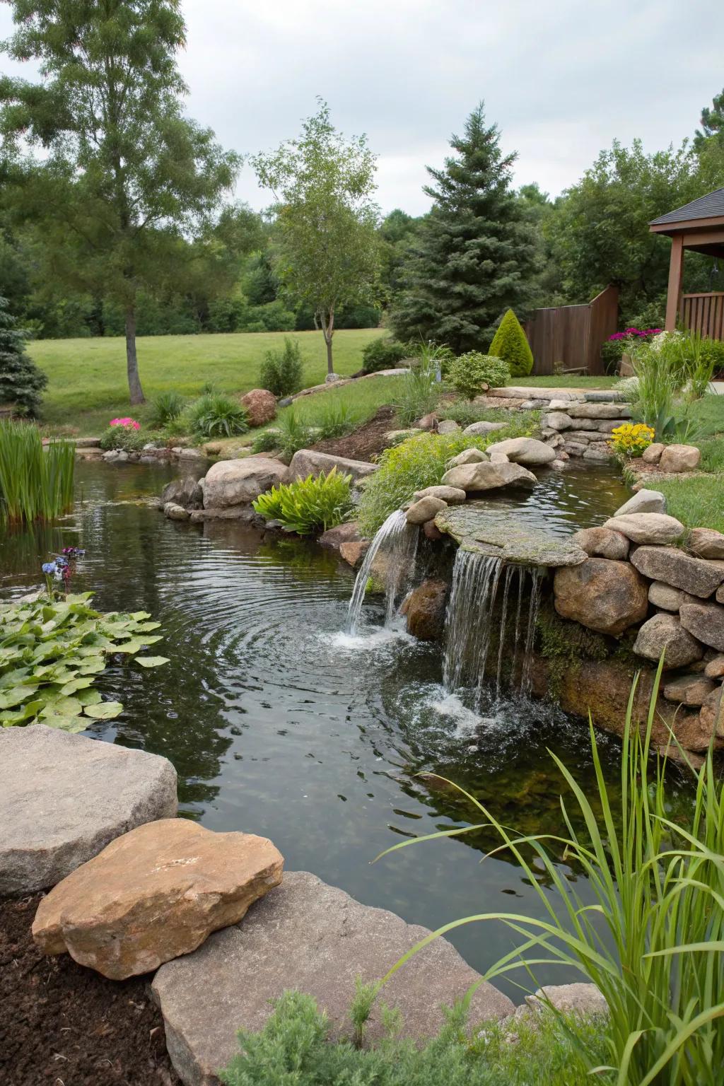 A pond boosted by an enchanting waterfall feature.