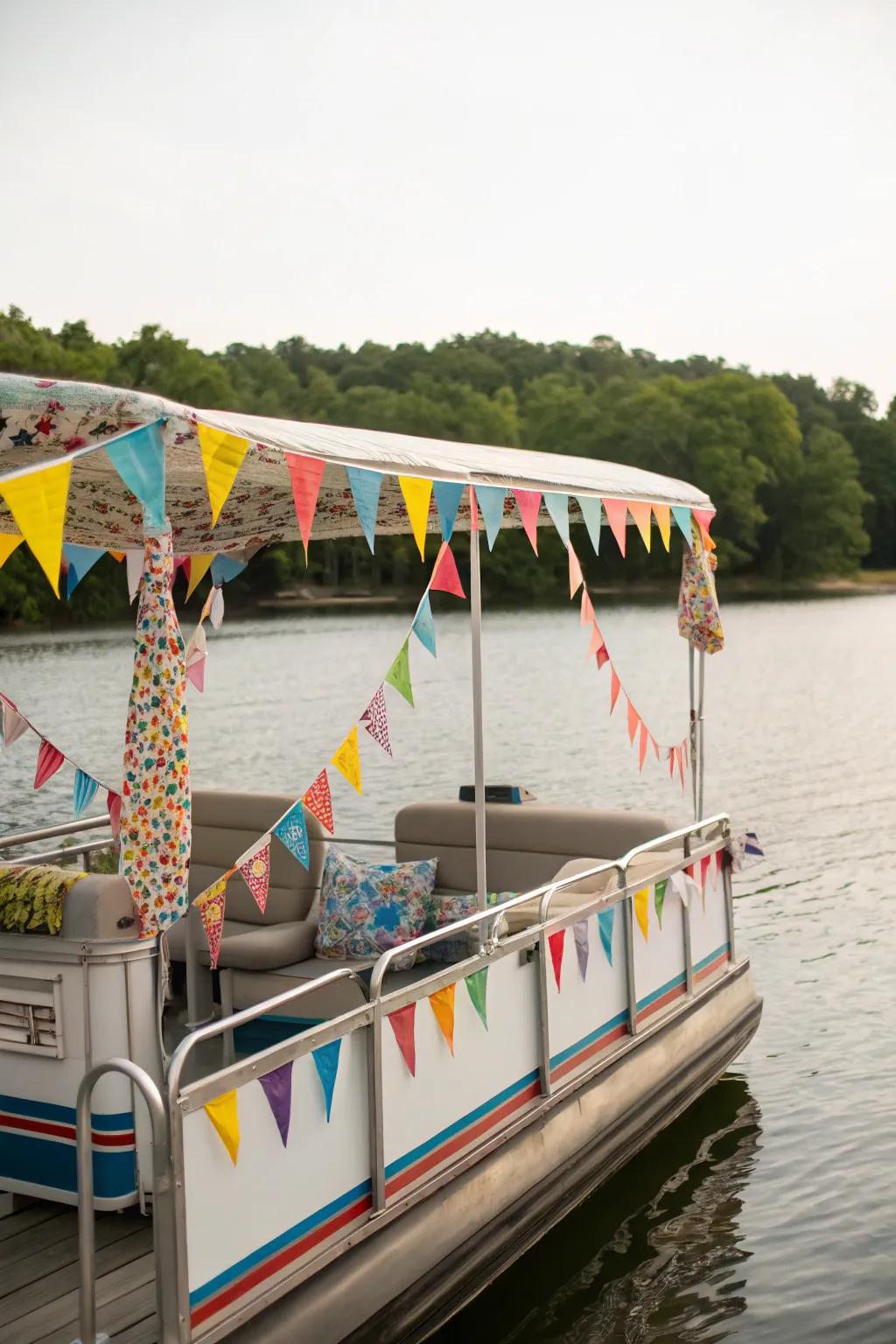 A pontoon boat with a carnival theme, bursting with lively colors and festive decorations.