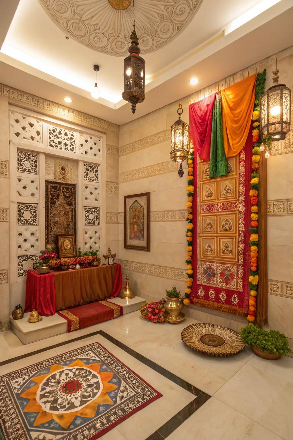 Traditional motifs and colors infuse this pooja space with cultural richness.