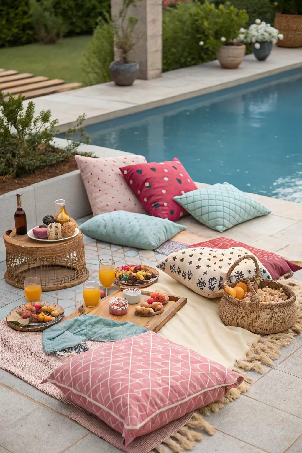An inviting poolside outdoor meal setup featuring appealing throws and support cushions.