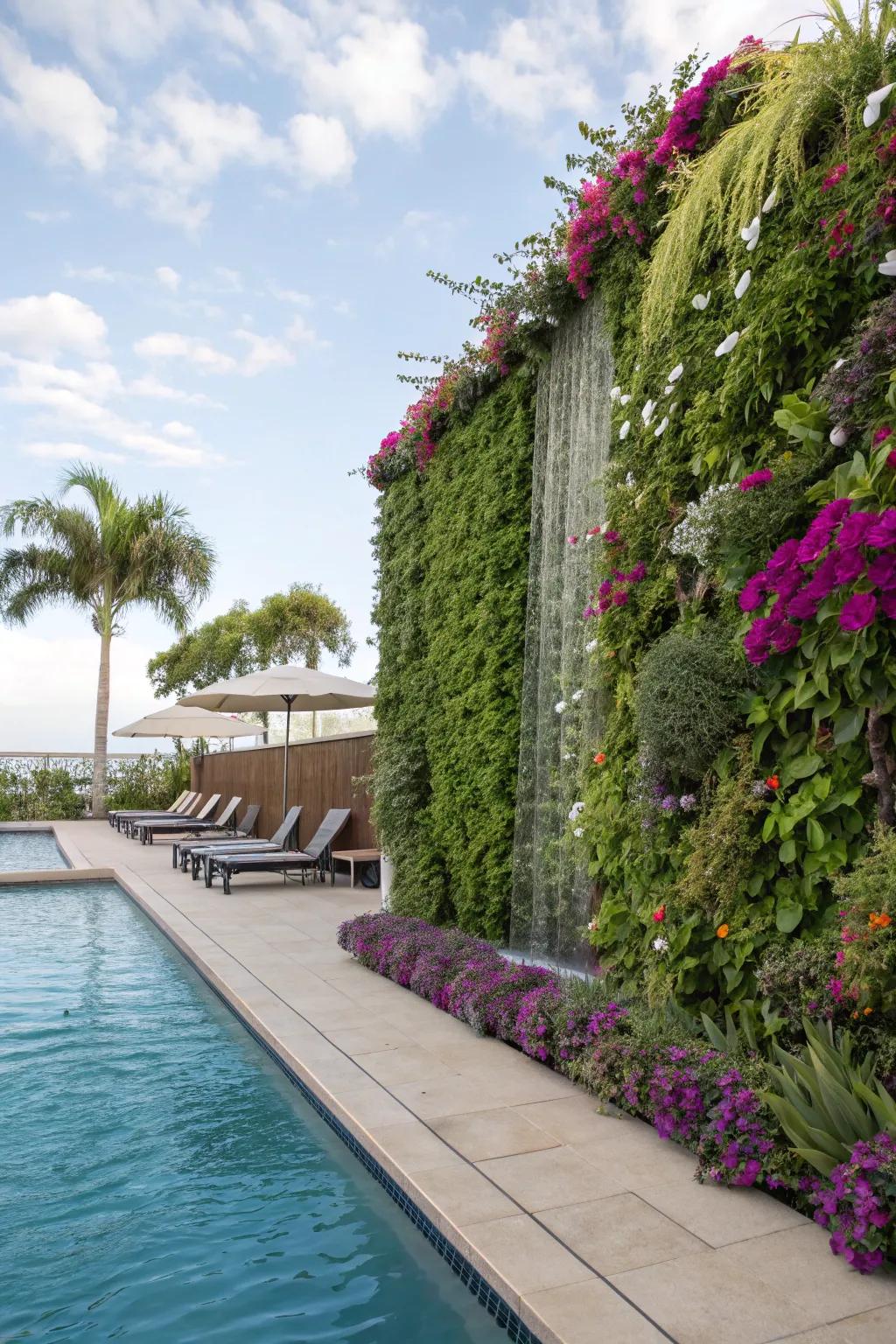 Vertical gardens bring vibrant greenery and a touch of nature to your pool deck.