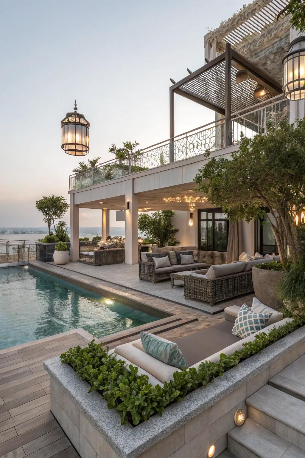 Tiered decks bring a dynamic element to poolside landscapes.