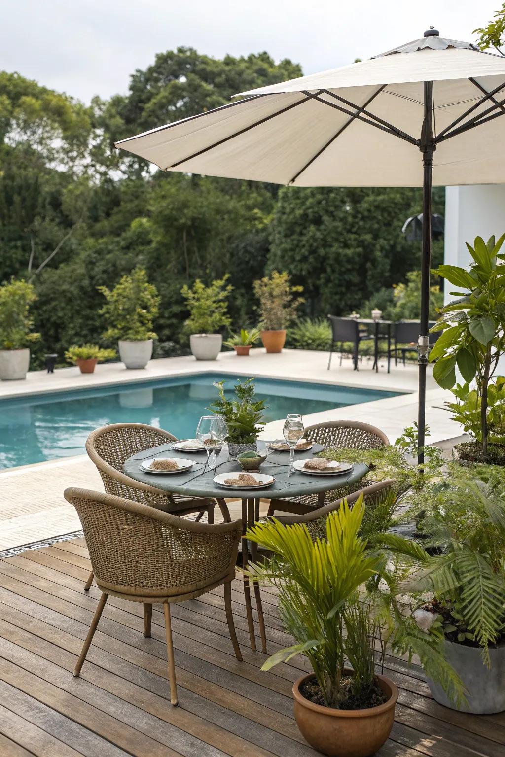 Enjoy dining alfresco with a stylish outdoor table set by the pool.