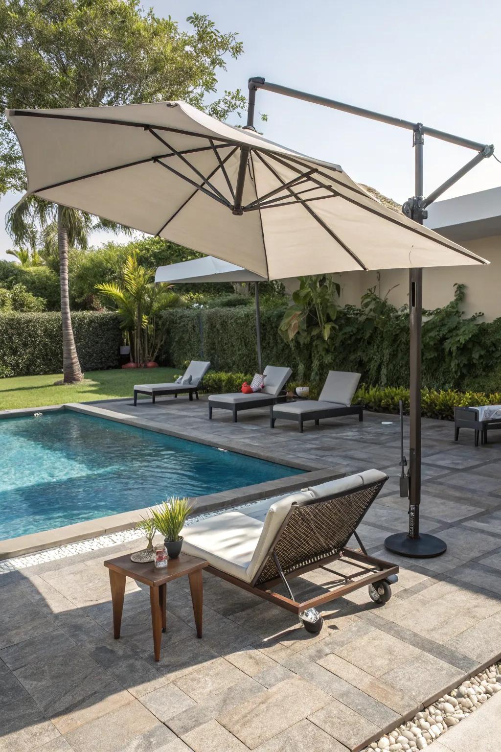 Umbrellas and canopies provide essential shade, improving poolside comfort.