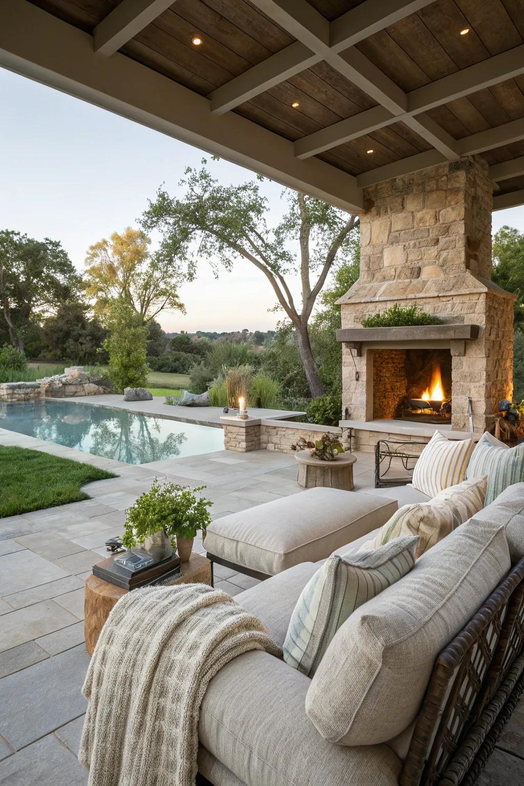 An inviting outdoor living space with plush seating and a fireplace.