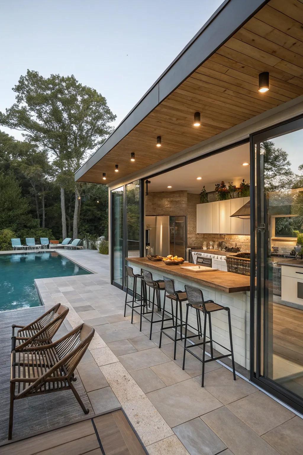 Outdoor seating adds a social touch to the poolside kitchen.