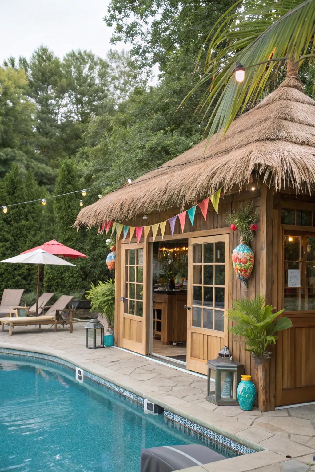 A <strong><em>tiki bar</em></strong> brings tropical energy to your pool area.” loading=”lazy” class=”pimg”>
	</picture><figcaption>A <strong><em>tiki bar</em></strong> brings tropical energy to your pool area.</figcaption></figure>
<p>Transport the beach to your backyard with a <strong><em>tiki bar</em></strong> by your pool house. I decked mine out with some palm trimmings and a straw roof, and now it feels like a mini getaway every single day.</p>
<h3>Check these products out:</h3>
<ul class=