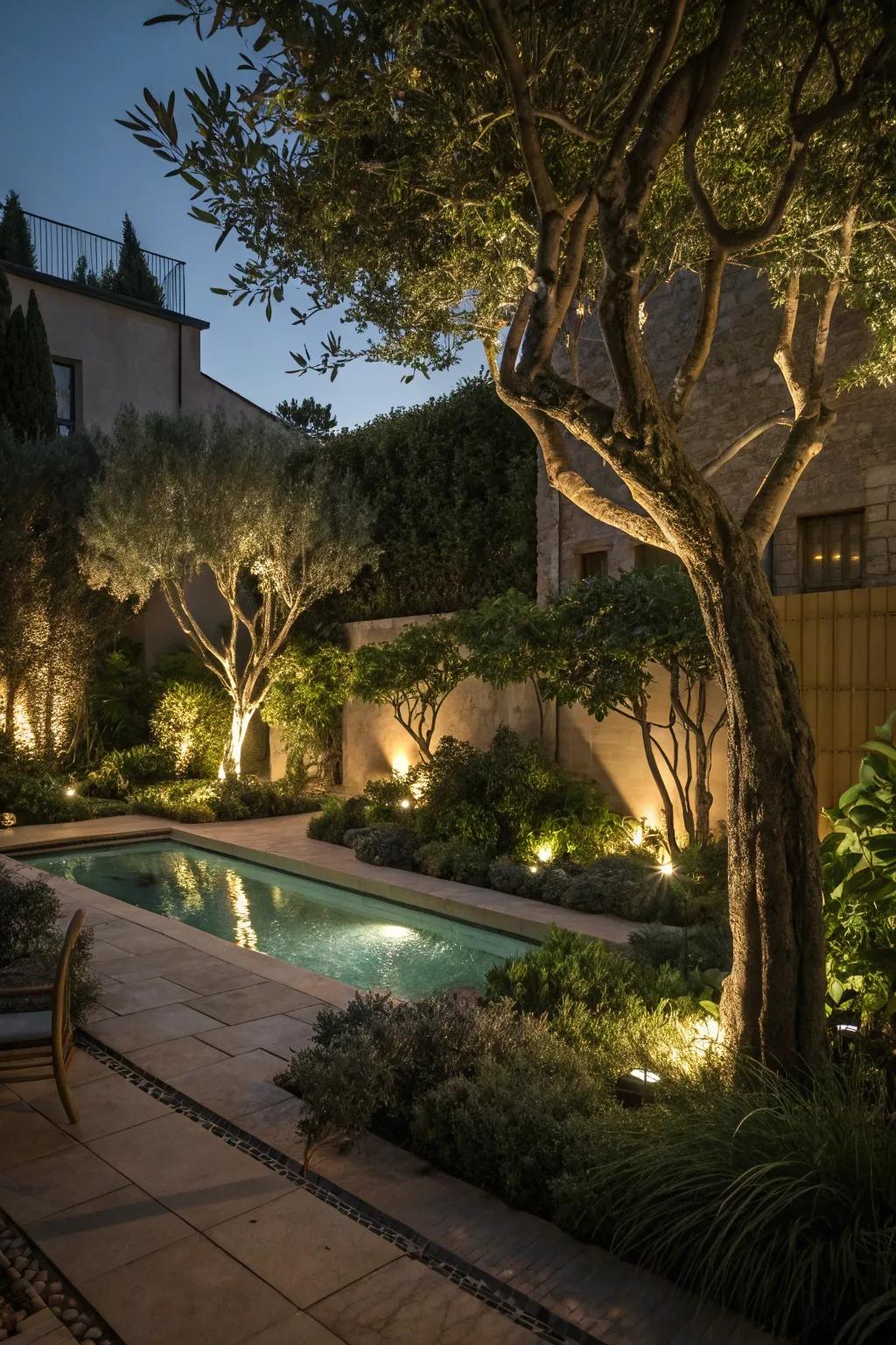 Uplighting trees creates a theatrical nighttime appearance.