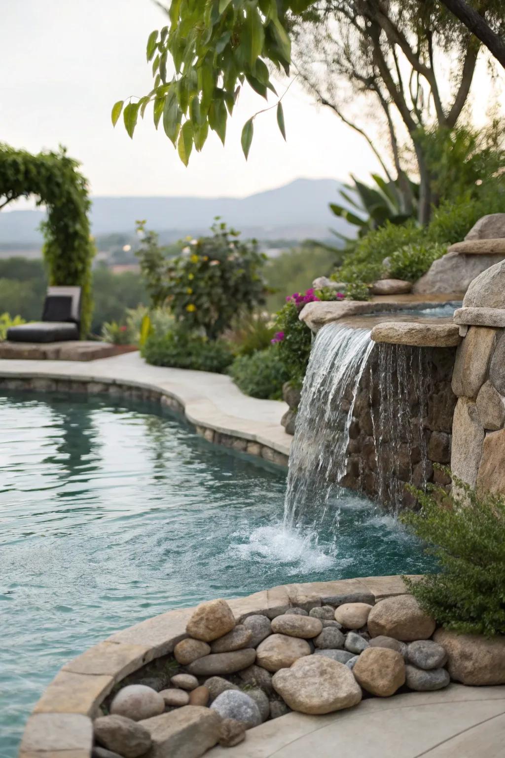 Water features add a soothing and elegant touch to pool areas.