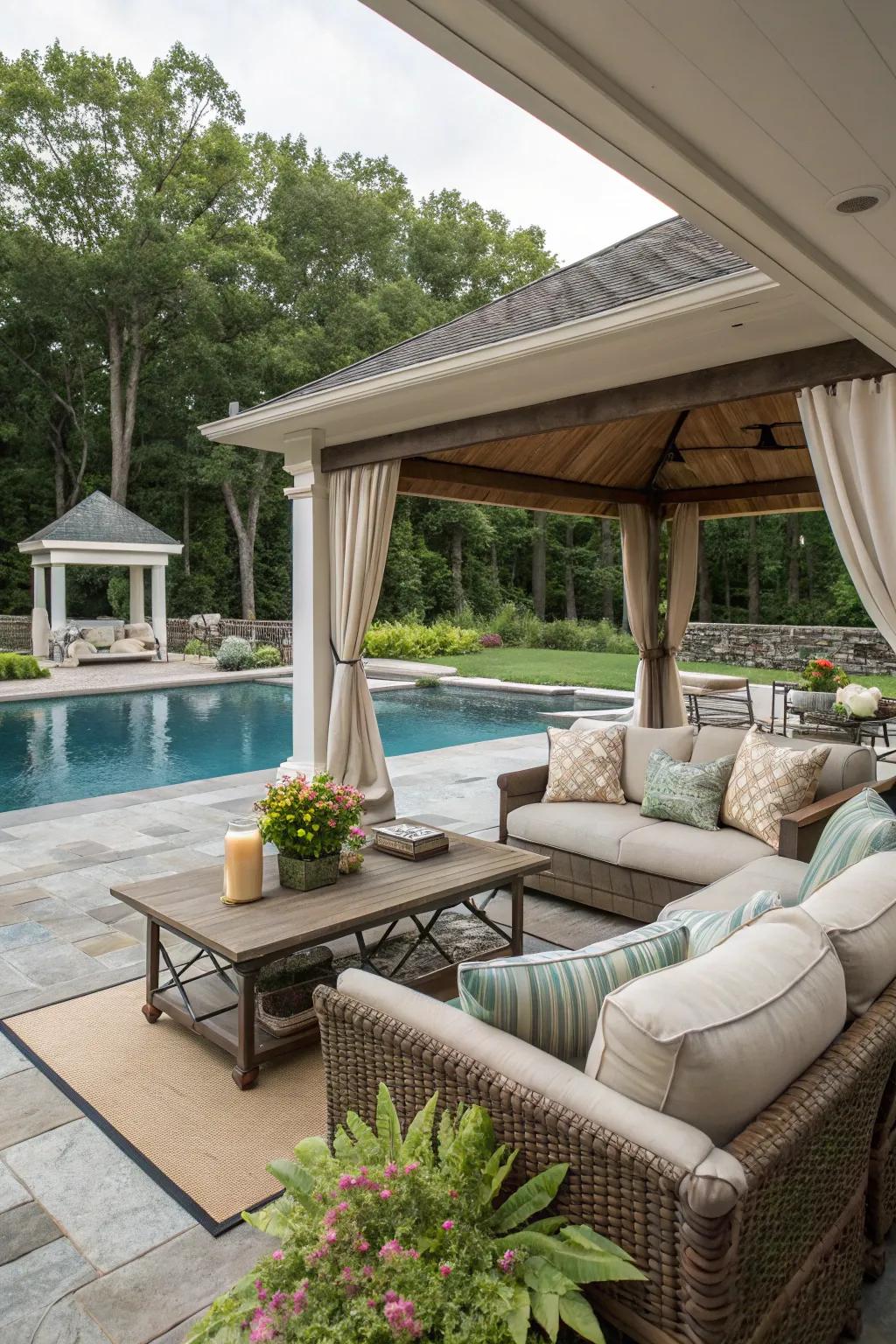 Transform your poolside into an inviting outdoor lounge space perfect for unwinding and hosting guests.