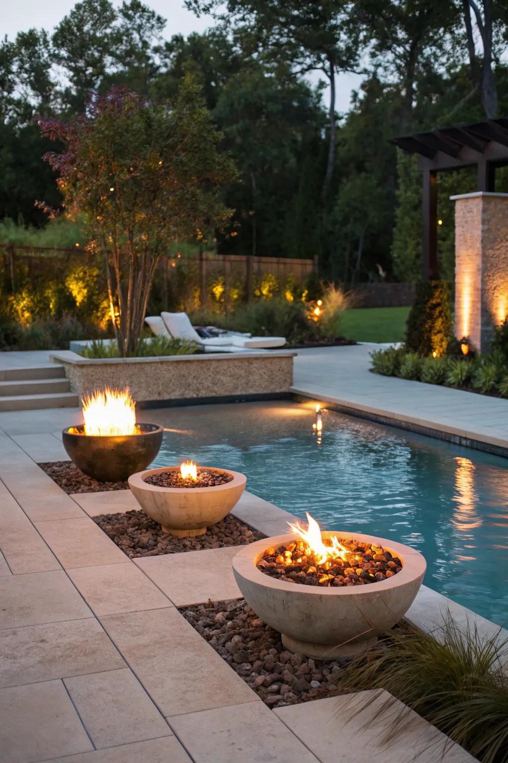 Open-air flames introduce warmth and drama to your pool section.