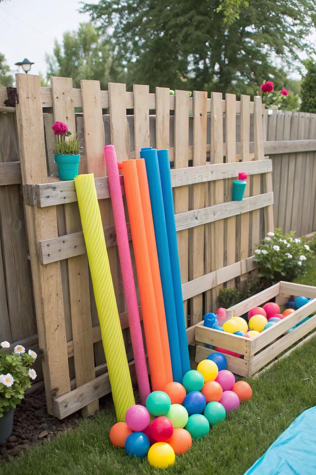 DIY pallet storage provides a rustic accent to poolside organization.
