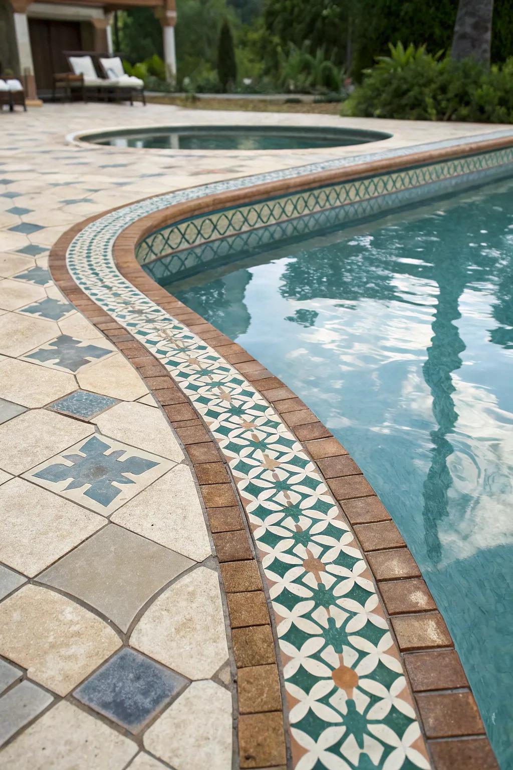 Captivating tiles at the waterline create a standout feature in this pool.