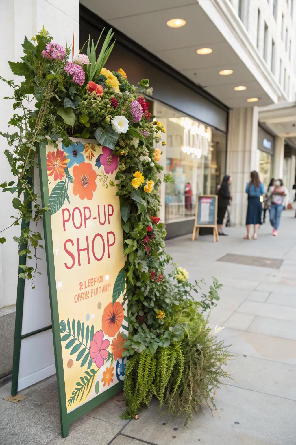 A pop-up shop sign enhanced by fresh floral accents, creating a welcoming atmosphere.