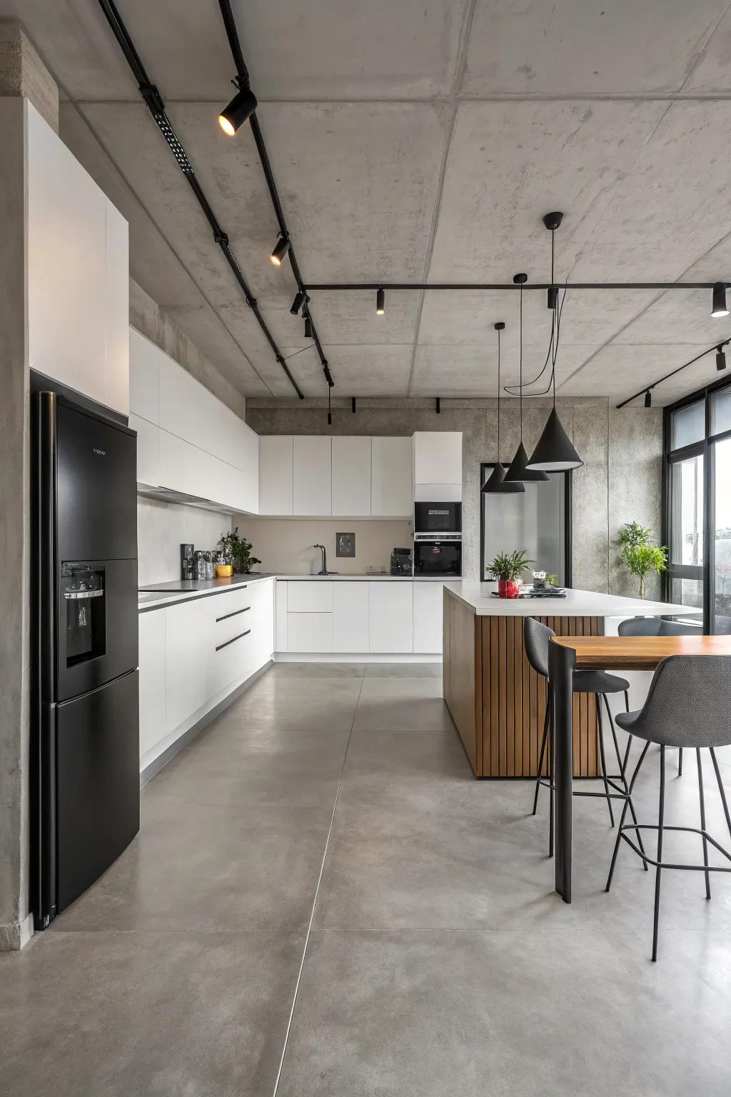 Concrete floors serve as a sleek, modern base for today's kitchen designs.
