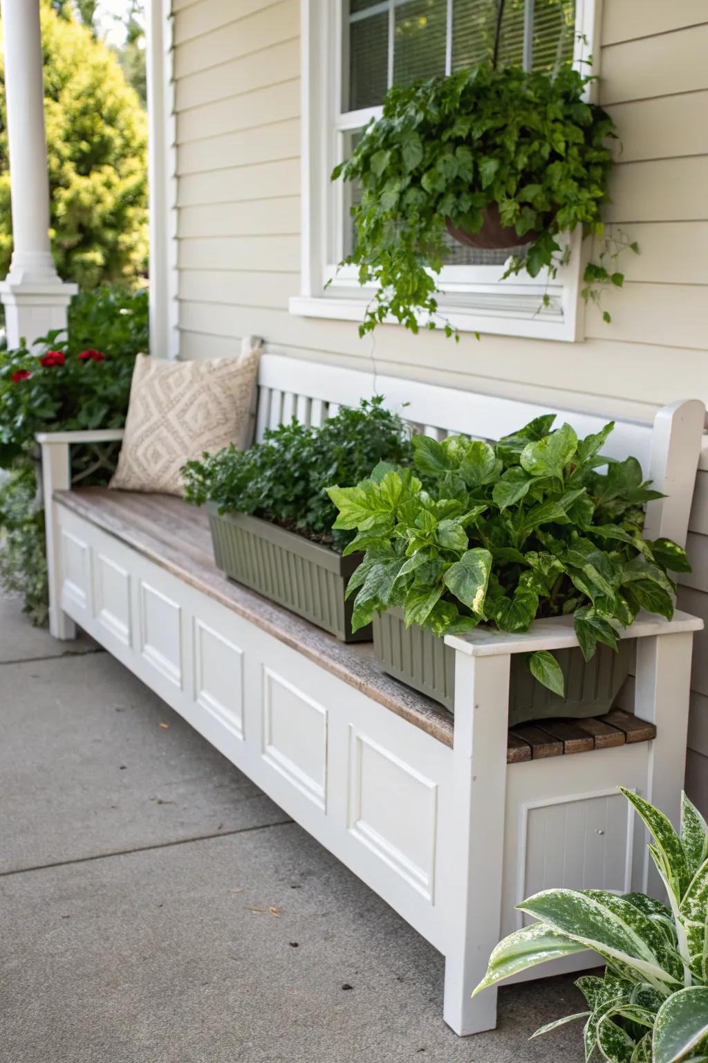 A planter bench seamlessly merges seating with greenery.