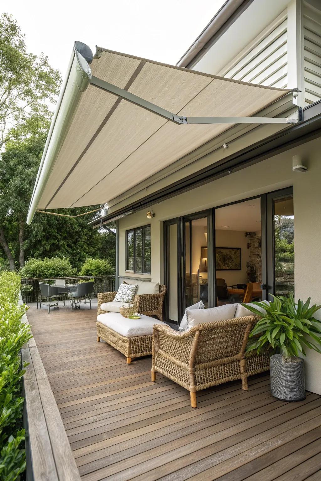 A porch addition with an elegant adjustable overhang.