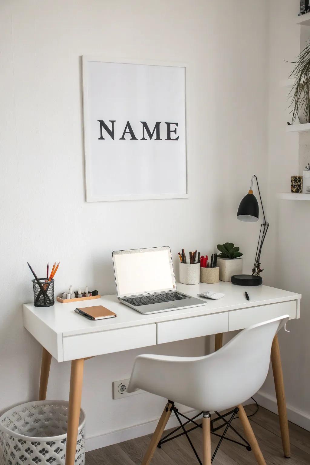 A sleek monochrome name poster, enhancing the minimalist workspace with understated elegance.