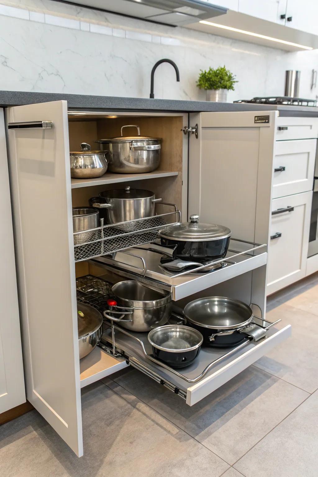 Pull-out shelves make getting to pots and pans a breeze.