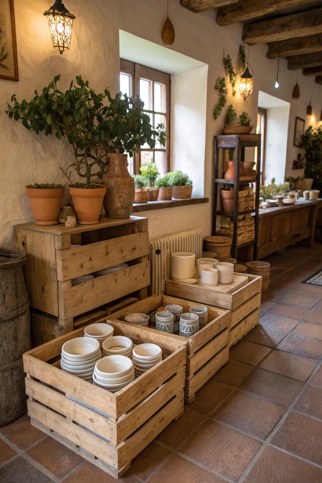 Pottery displayed in vintage wooden crates for a rustic touch.