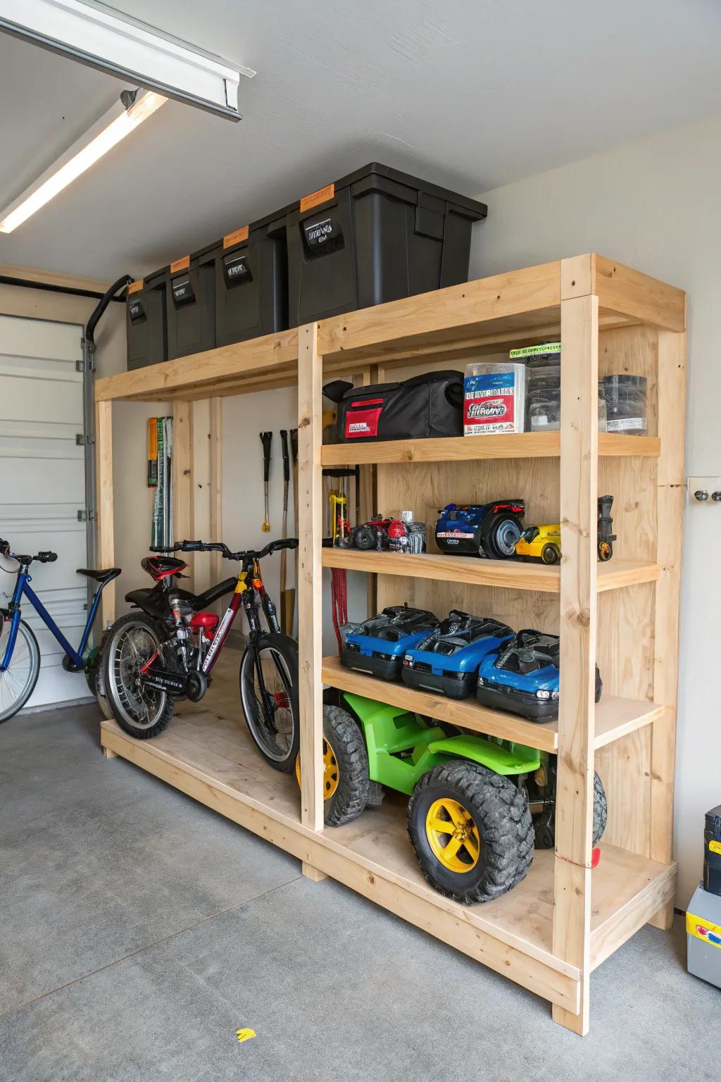 Custom shelving designed for arranging electric ride-on car storage.