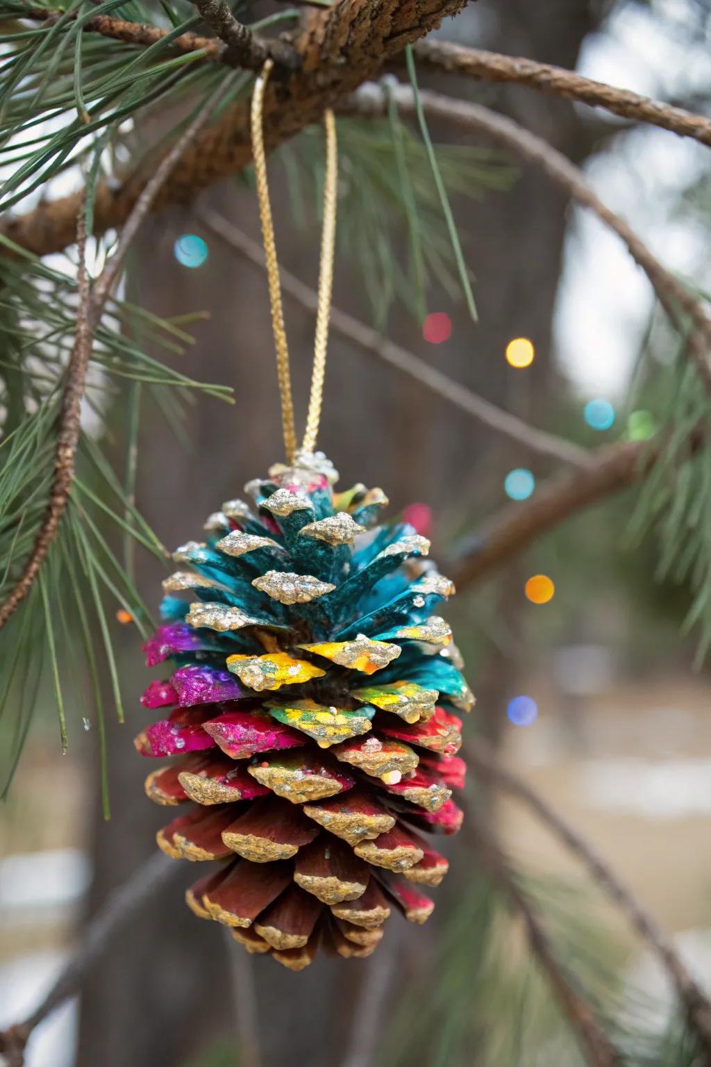 A festive painted pinecone ornament, infusing natural charm into holiday decor.