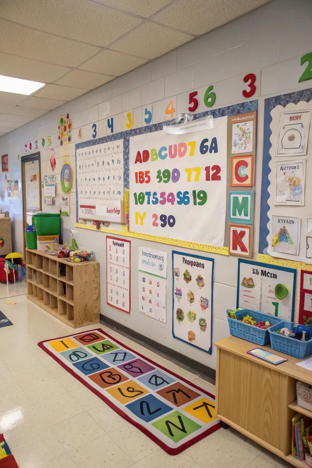 Walls adorned with numbers and letters designed to promote interactive learning.