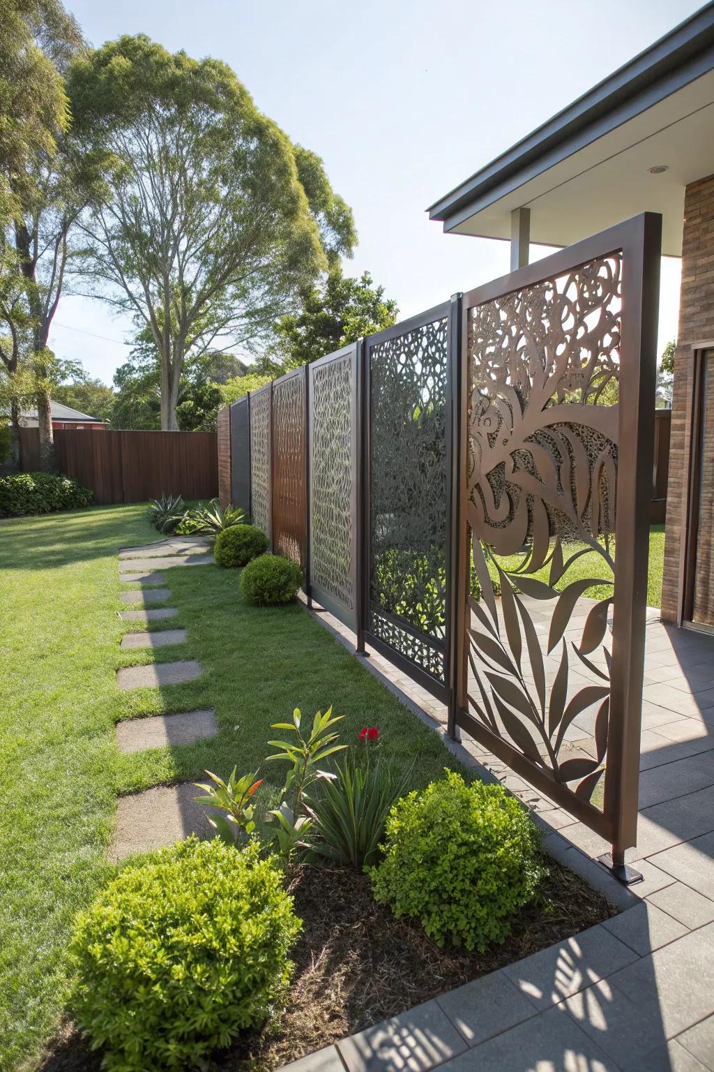 Decorative panels serve as both a privacy feature and a work of art.