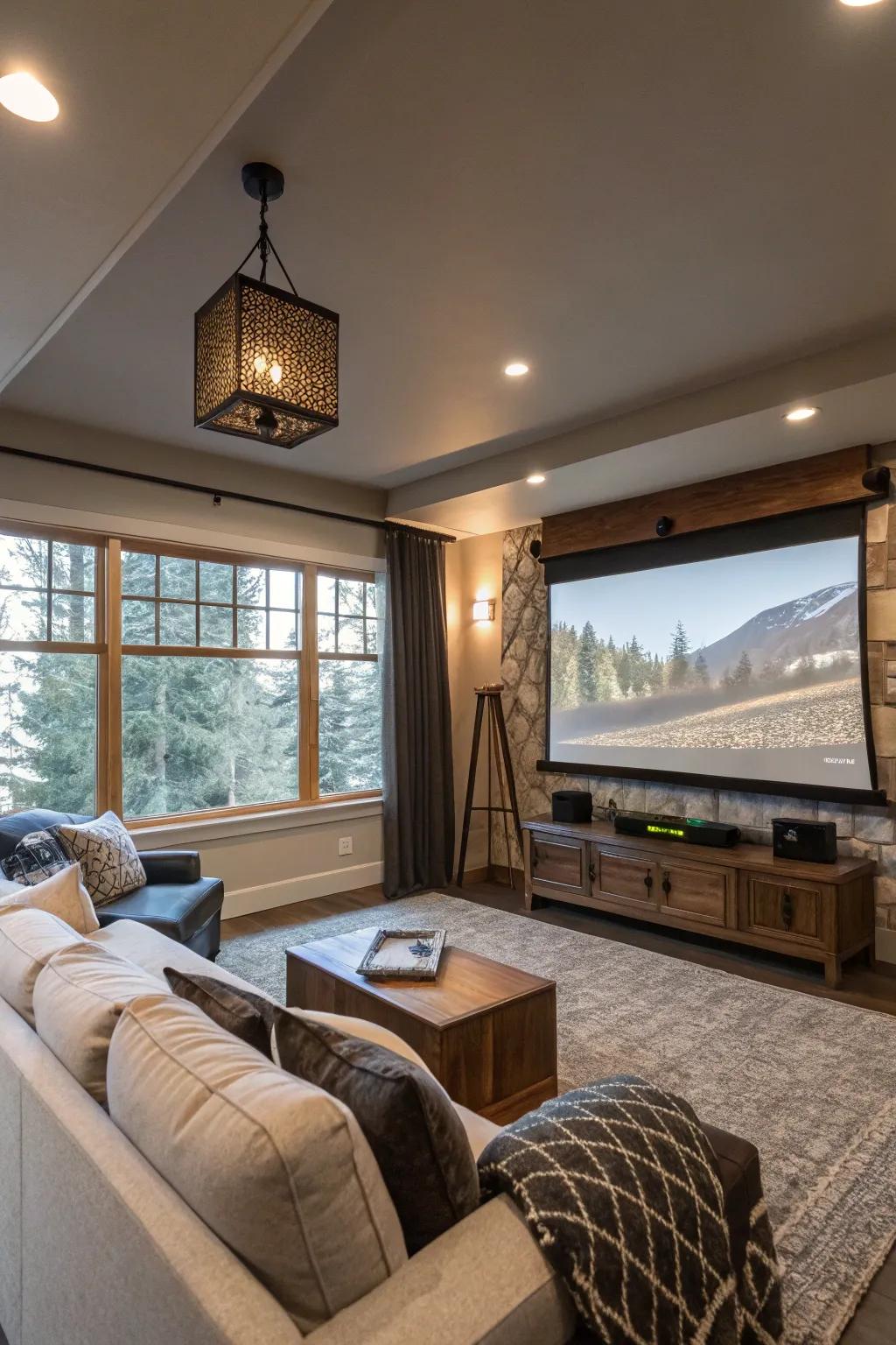 Screens that retract offer a seamless merge of living and cinema spaces.
