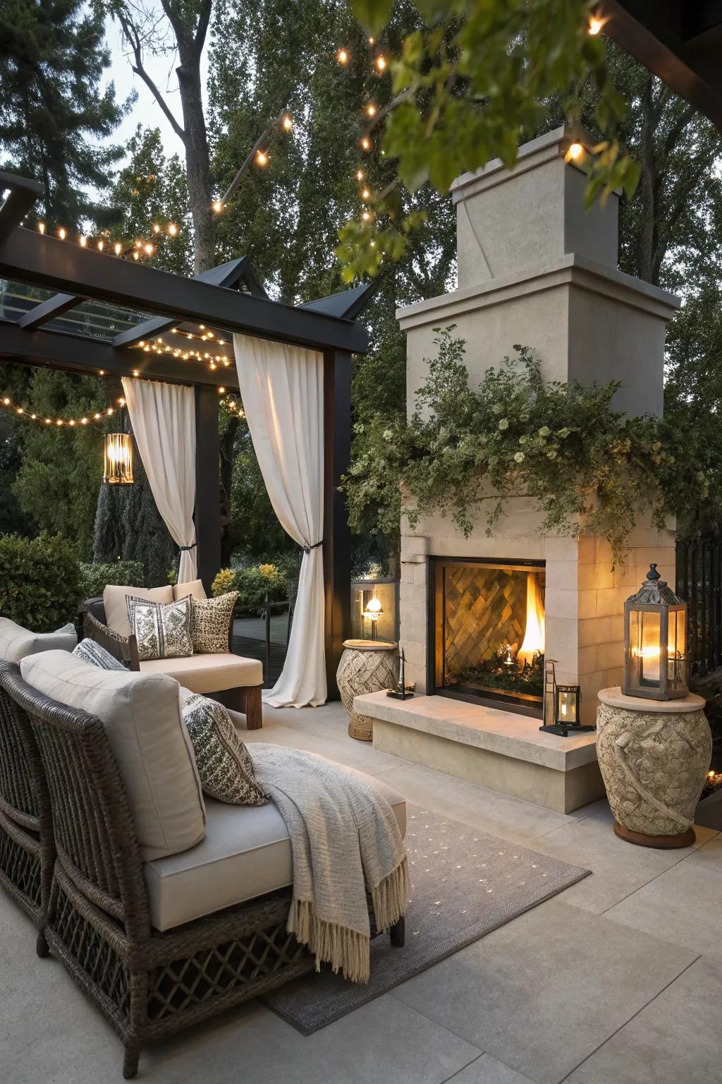 An outdoor deck displaying a fashionable propane fireplace.