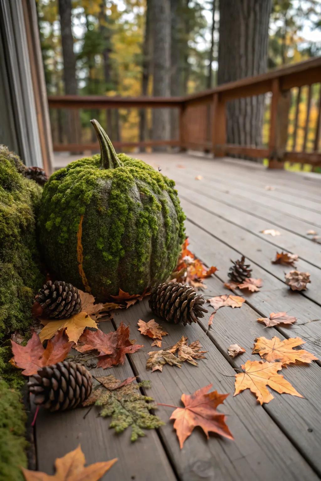 Bring a piece of nature indoors with moss-covered pumpkins.