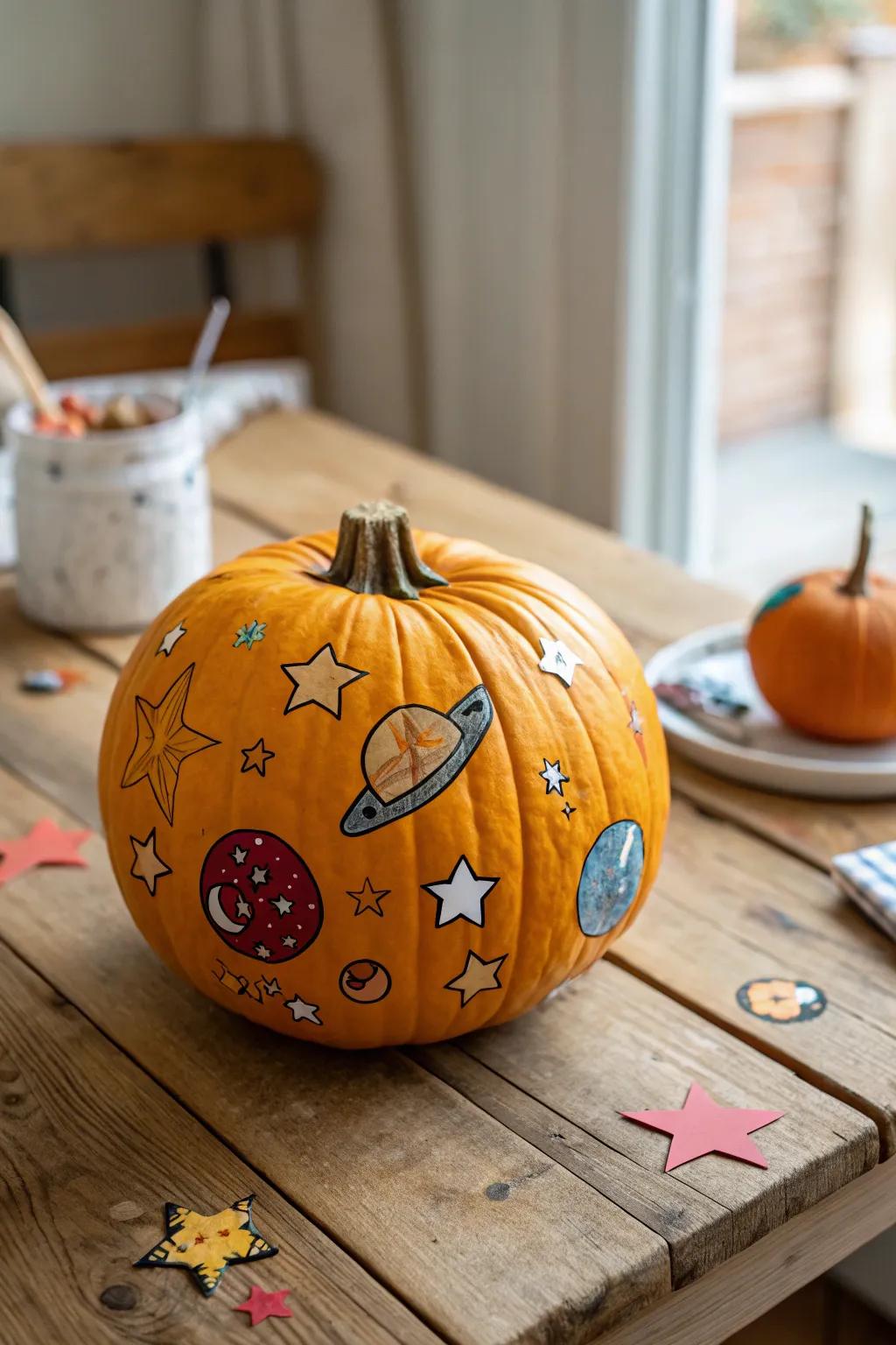 A pumpkin transformed into a sticker-covered galaxy.