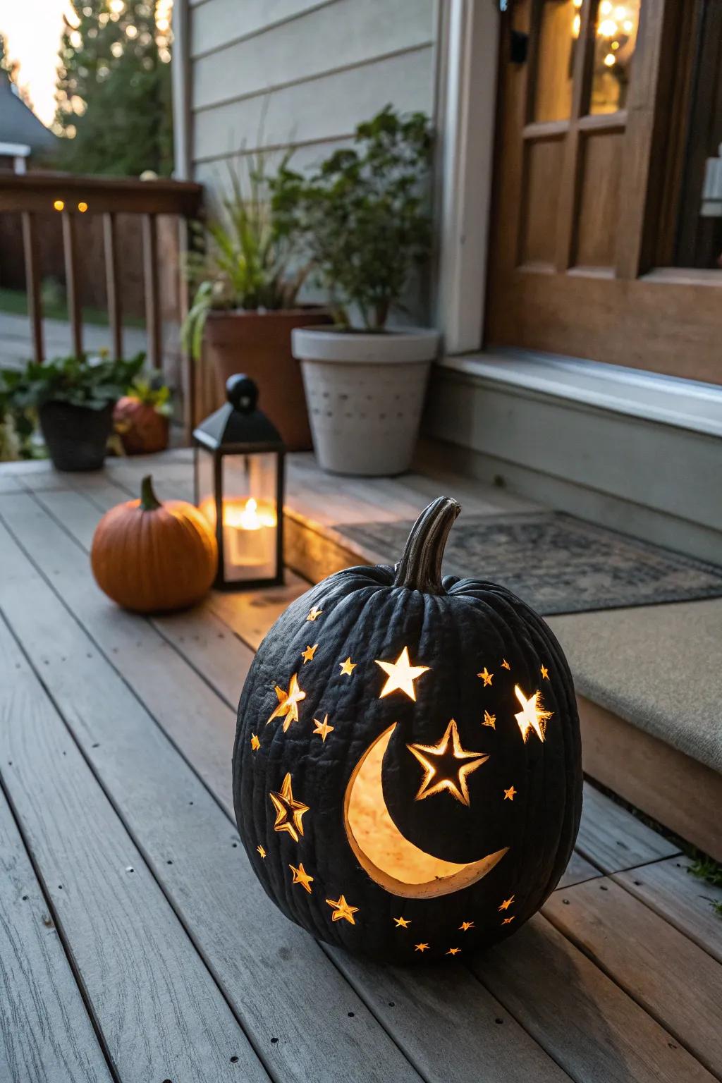 A night sky pumpkin exuding an ethereal glow.