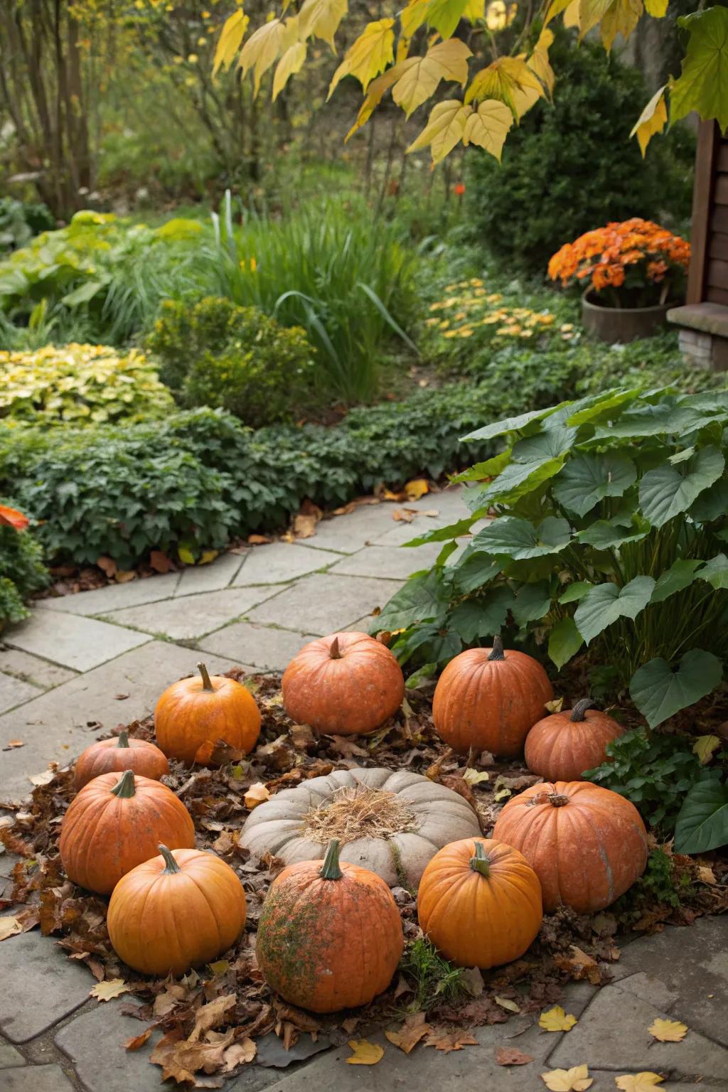 A natural pumpkin display nestled in the garden, harmonizing with the scenery.