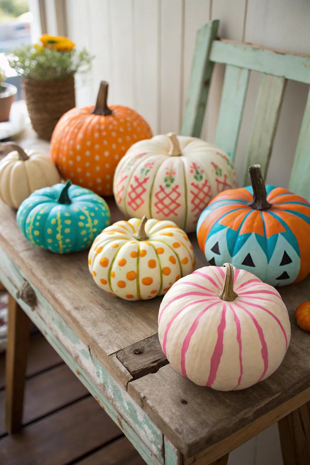 Vividly adorned pumpkins that offer a burst of color without the mess.