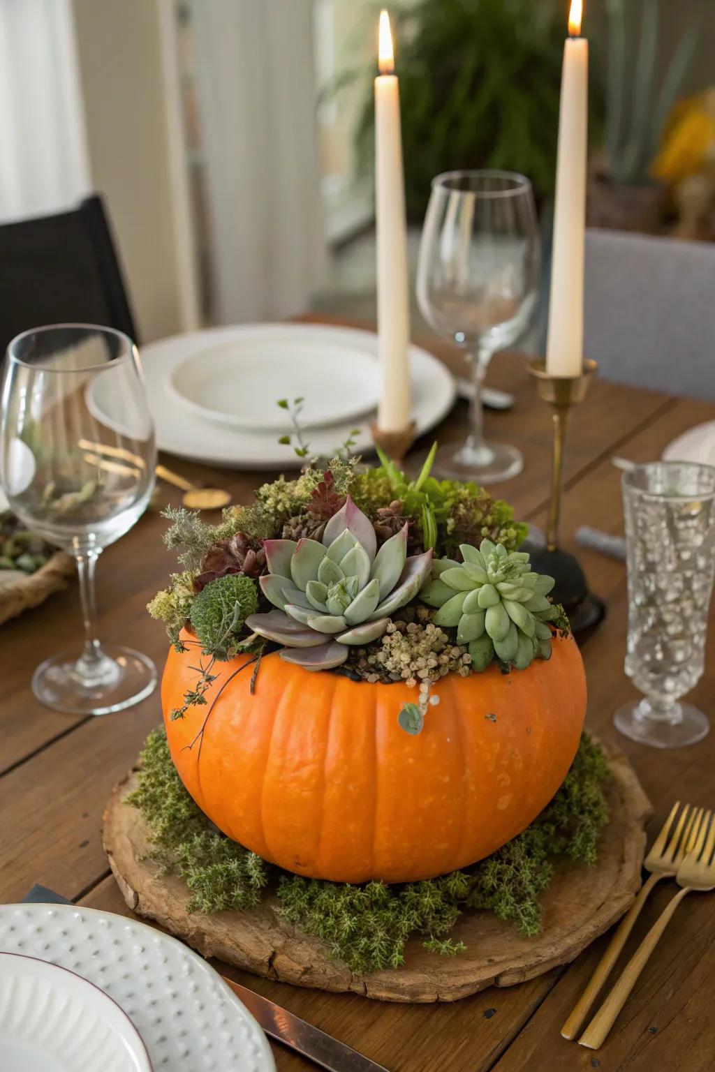 Succulent garden pumpkins offer a modern and sustained decorating solution.