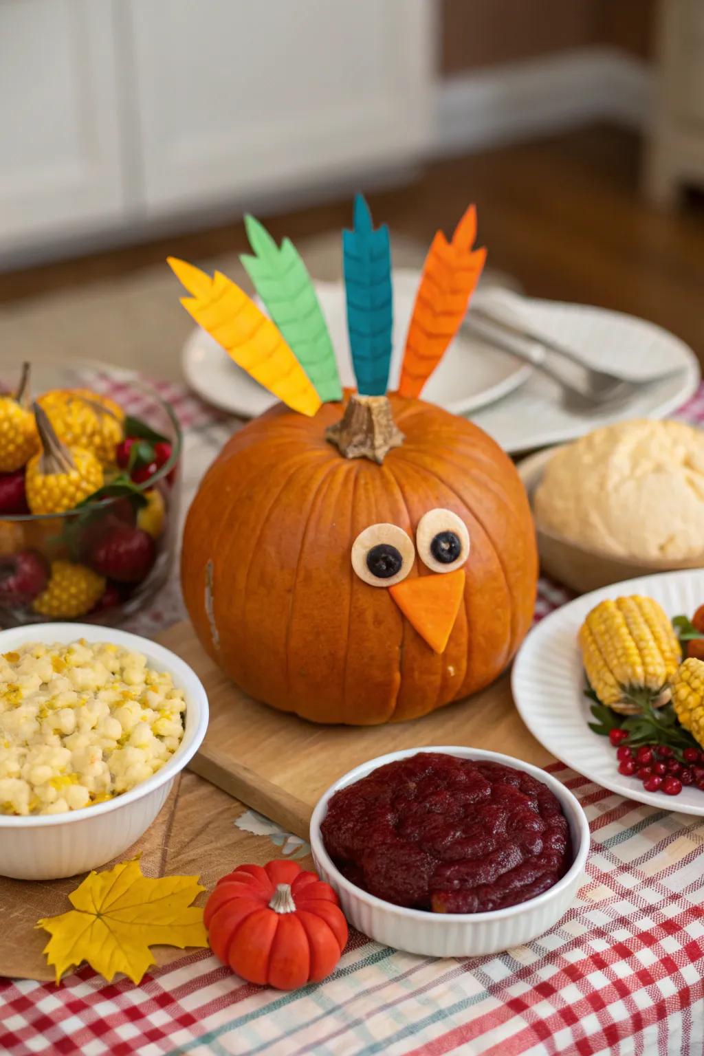 A bird-themed pumpkin ideal for Thanksgiving embellishments.