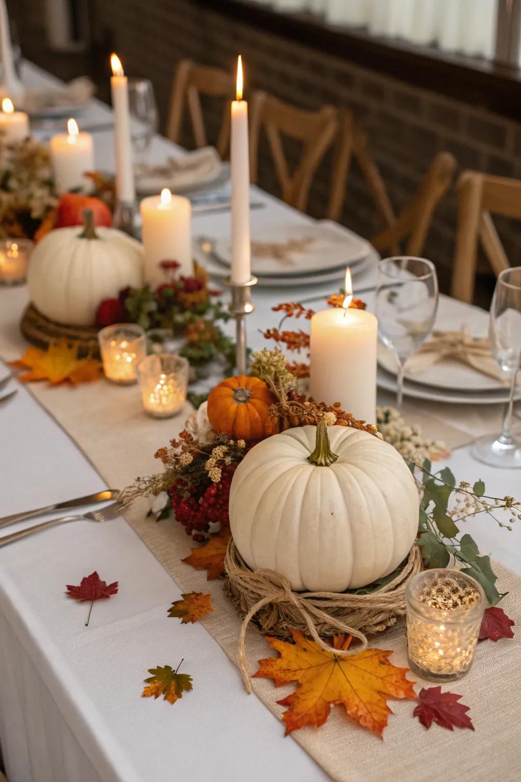 Classy squash table pieces rounded off by candles and fall foliage.