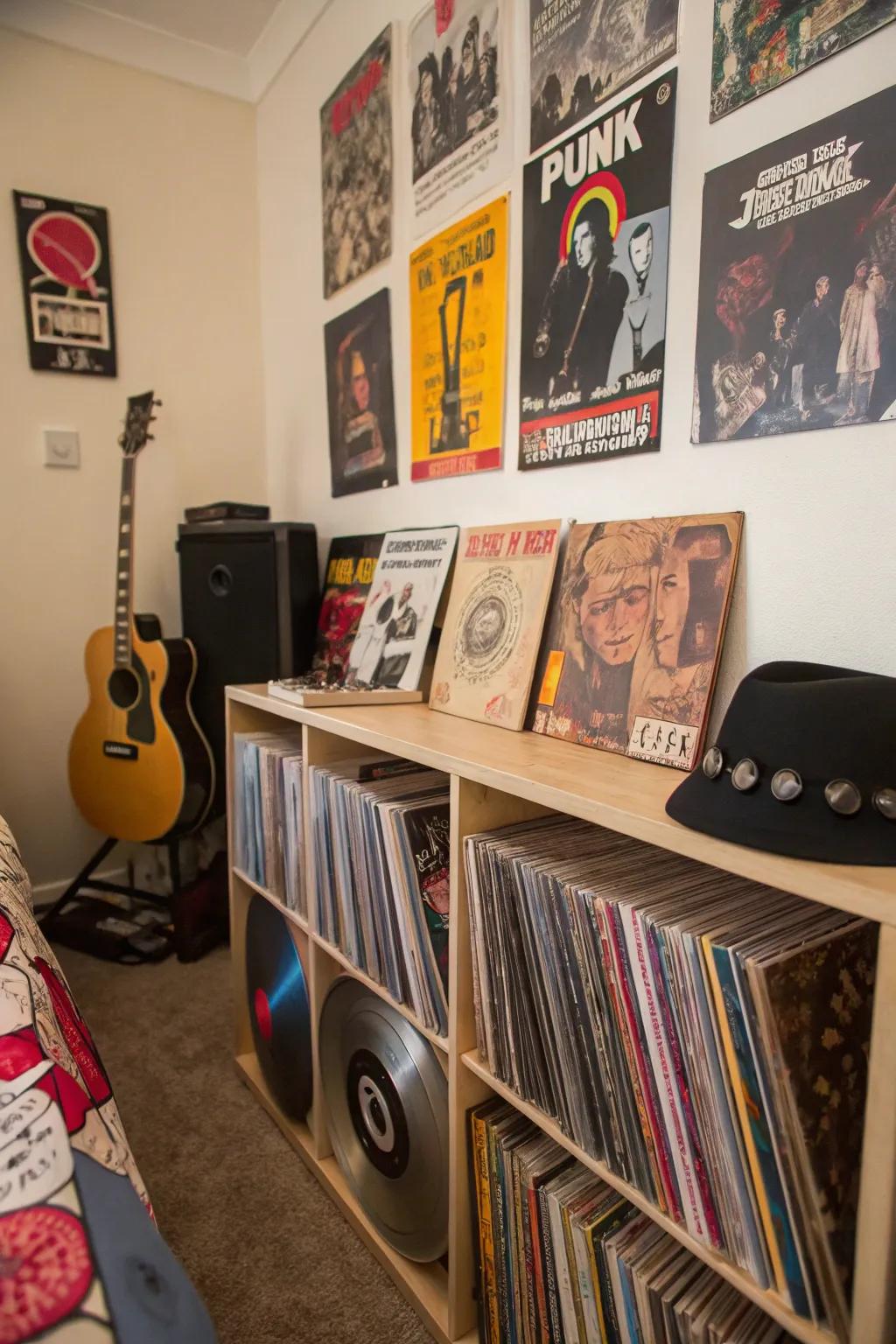 Demonstrate your enthusiasm for punk music with a stylish showcase of vinyl records.