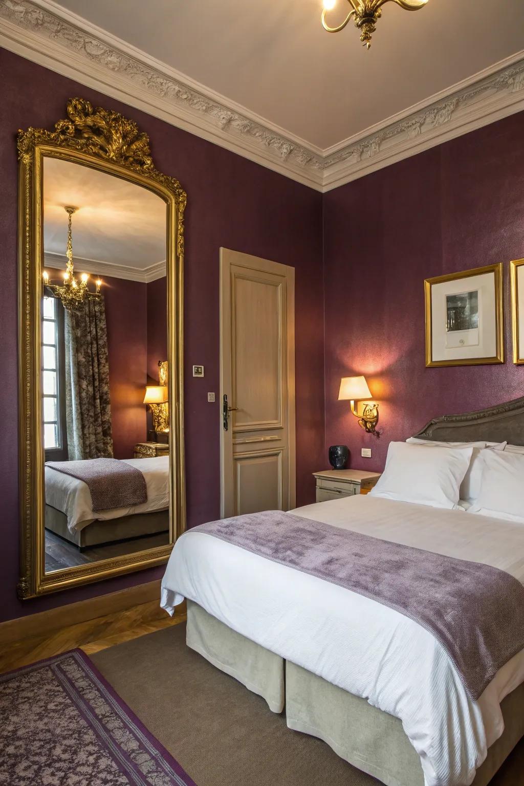 Profound purple walls fashion a tranquil and opulent bedroom getaway.