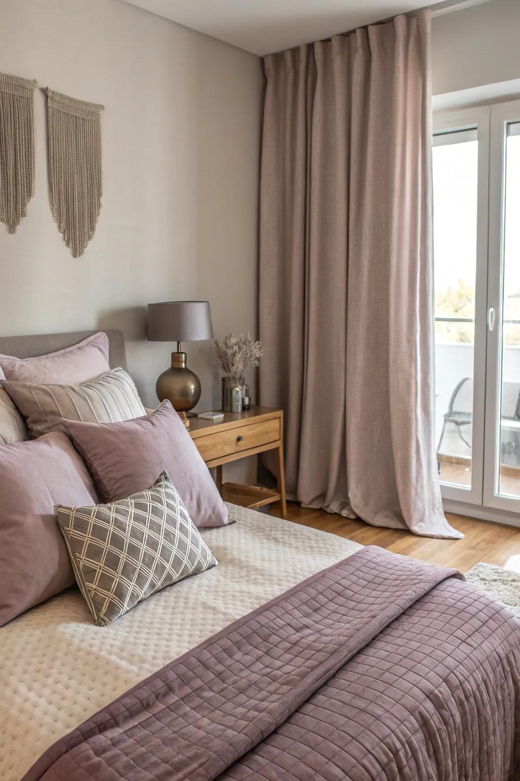 Mauve accents subtly amplify the room's elegance.