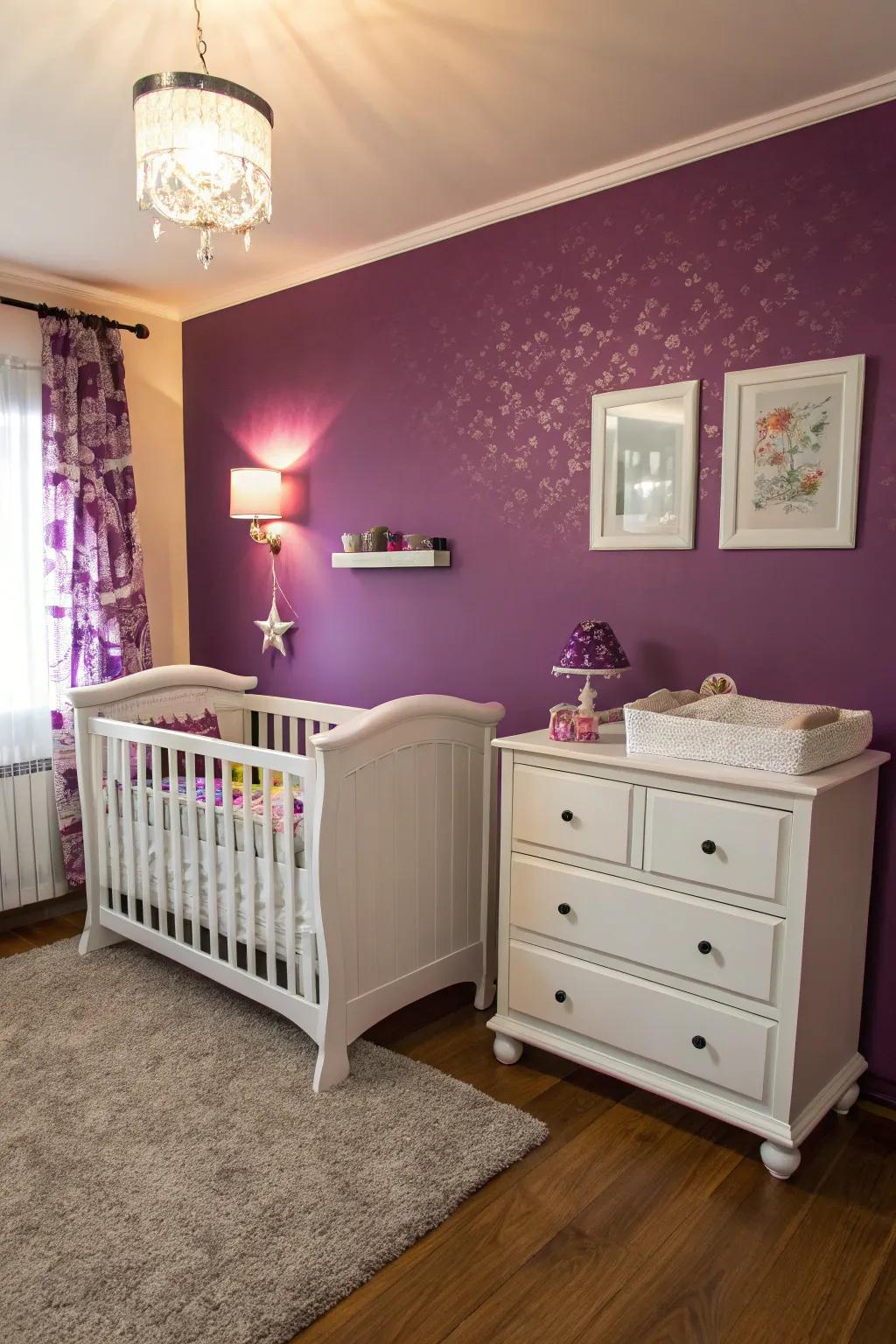 Ivory furnishings provide a fresh contrast against purple tones.