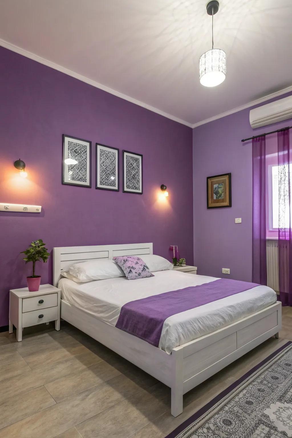 A modern bedroom featuring streamlined furniture against purple walls.